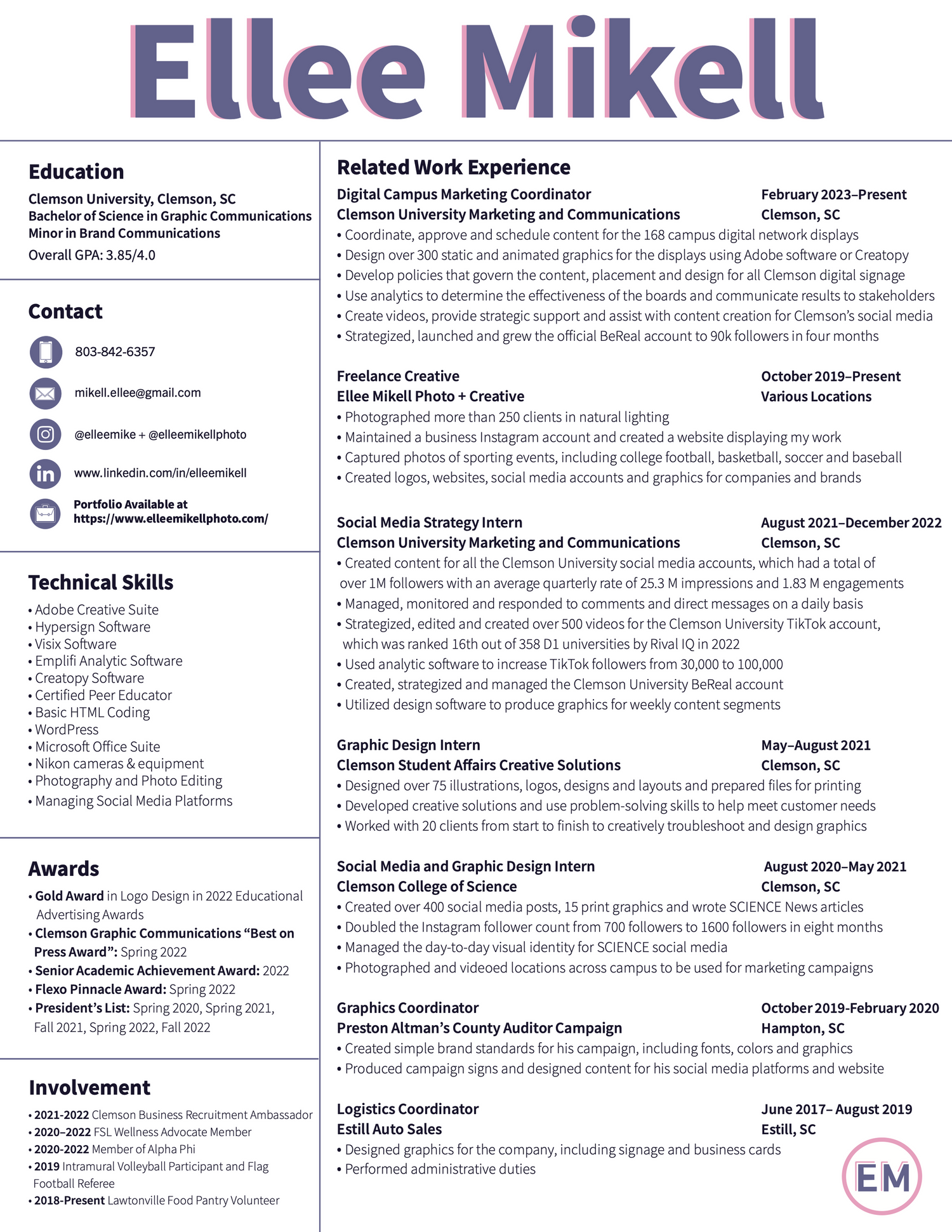 Professional resume layout in purple and gray showing education and work experience.