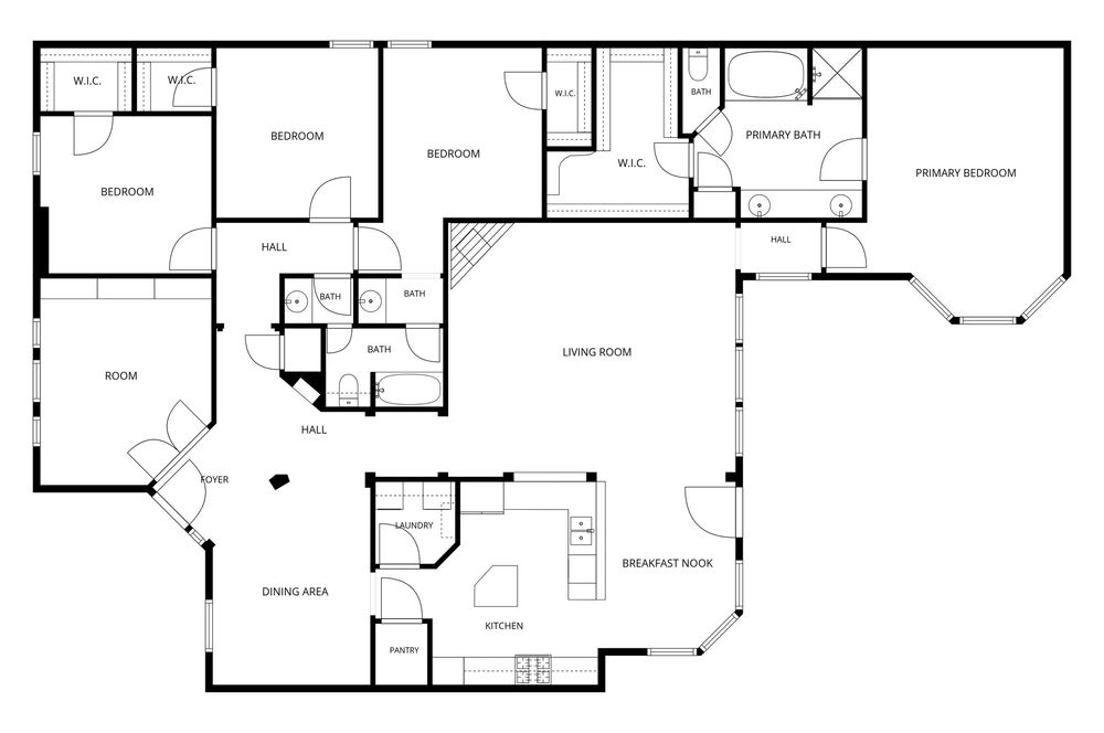 Detailed floor plan of a spacious home featuring primary bedroom, multiple bedrooms, living room, kitchen, breakfast nook, and dining area.