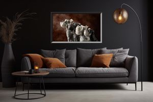 A modern living room with dark sofa, orange pillows, and black arc lamp showcasing large animal artwork above.