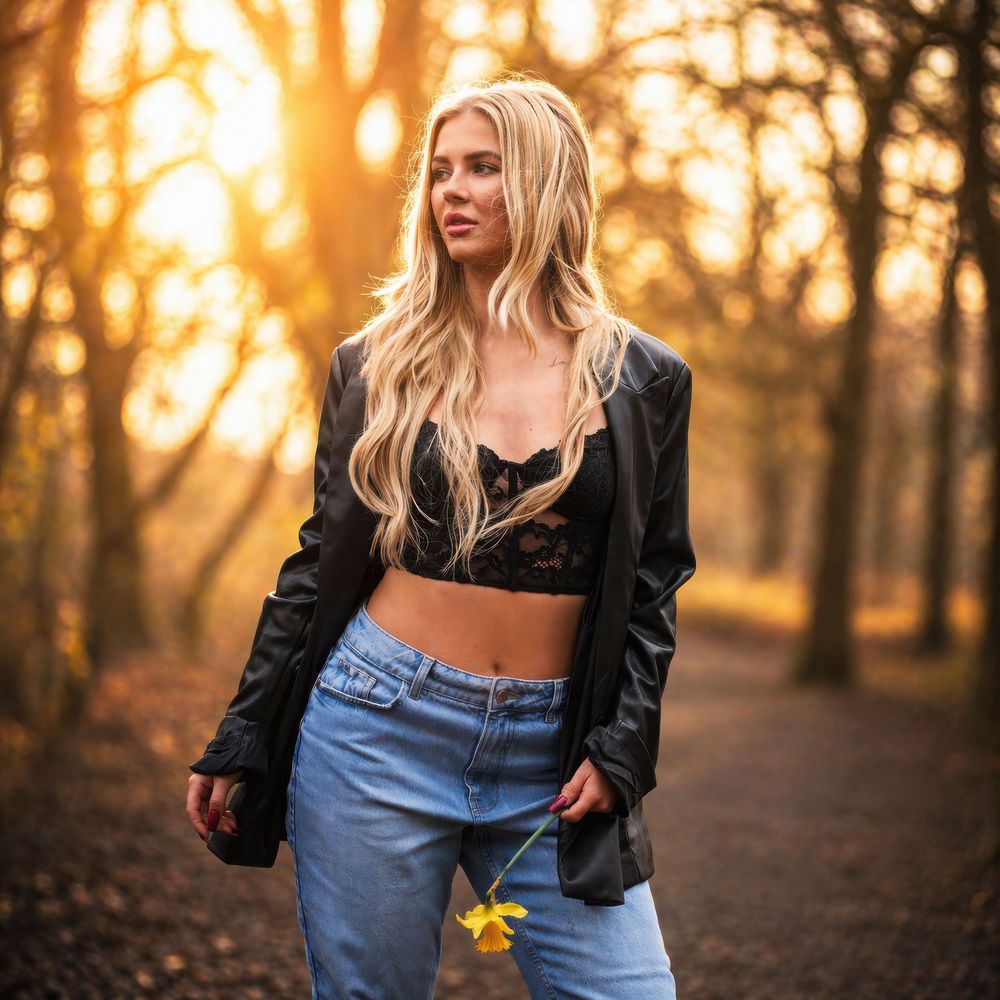 Blonde woman in black lace crop top, leather jacket, and jeans holding a yellow flower in a sunlit autumn forest.