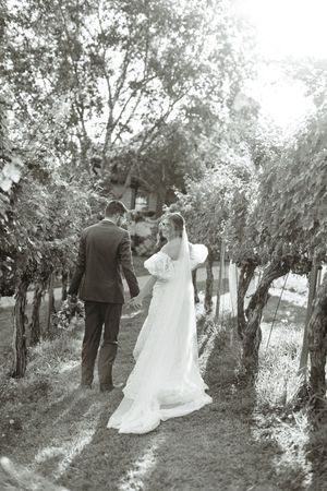 Black and white photo of a bride and groom walking through a vineyard, bride glancing back in elegant gown at wolf mountain vineyards