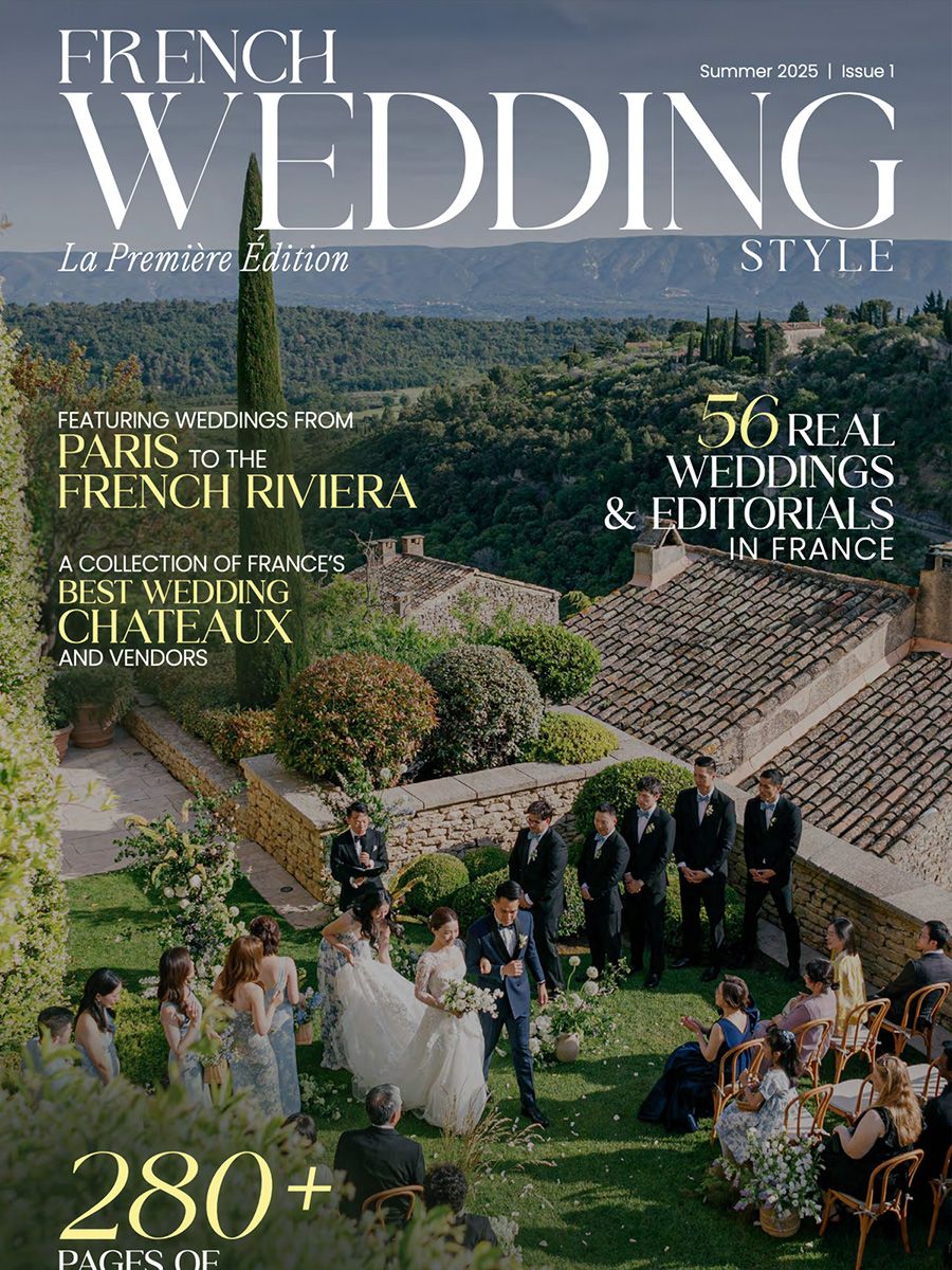 French Wedding Style magazine cover featuring an elegant wedding at La Bastide in Gordes, Provence, set in historic gardens.