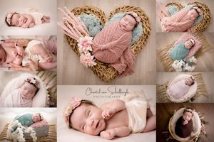 Newborn photoshoot Saskatoon and Warman, baby girl in pink and floral props with gold posing