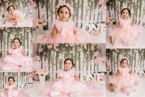 Cake Smash for a milestone 1st birthday photoshoot  pink one first birthday with flowers in Saskatoon and Warman
