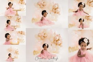 Cake Smash for a milestone 1st birthday photoshoot gold and pink one