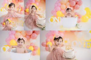 Cake Smash and milkbath splash for a milestone birthday photoshoot  flower power birthday with balloons in Saskatoon and Warman