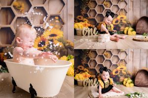 Cake Smash and milkbath splash for a milestone birthday photoshoot first bee-day birthday with balloons in Saskatoon and Warman bee theme