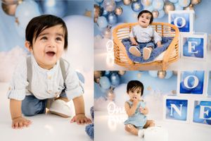 Cake Smash and milkbath splash for a milestone birthday photoshoot Blue and gold birthday with balloons in Saskatoon and Warman gentleman