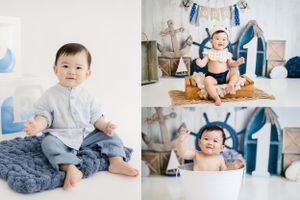 First Cake Smash and milkbath splash for a milestone birthday photoshoot sailor birthday themed in Saskatoon and Warman ONE