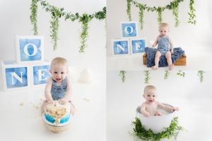 Cake Smash and milkbath splash for a milestone birthday photoshoot Blue and green birthday simplicity in Saskatoon and Warman fresh theme