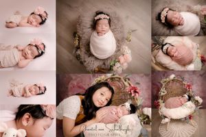 Newborn photoshoot Saskatoon and Warman, baby girl in pink and floral props with sibling sister