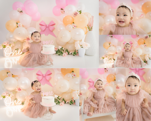 Cake Smash and milkbath splash for a milestone birthday photoshoot first birthday in Saskatoon and Warman, bows and flowers theme