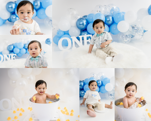 Cake Smash and milkbath splash for a milestone birthday photoshoot Blue, silver and duckies birthday portraits Saskatoon and Warman