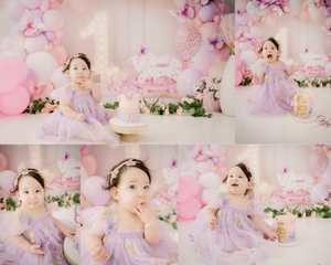 Cake Smash and milkbath splash for a milestone birthday photoshoot first birthday in Saskatoon and Warman, purple butterflies fairy theme