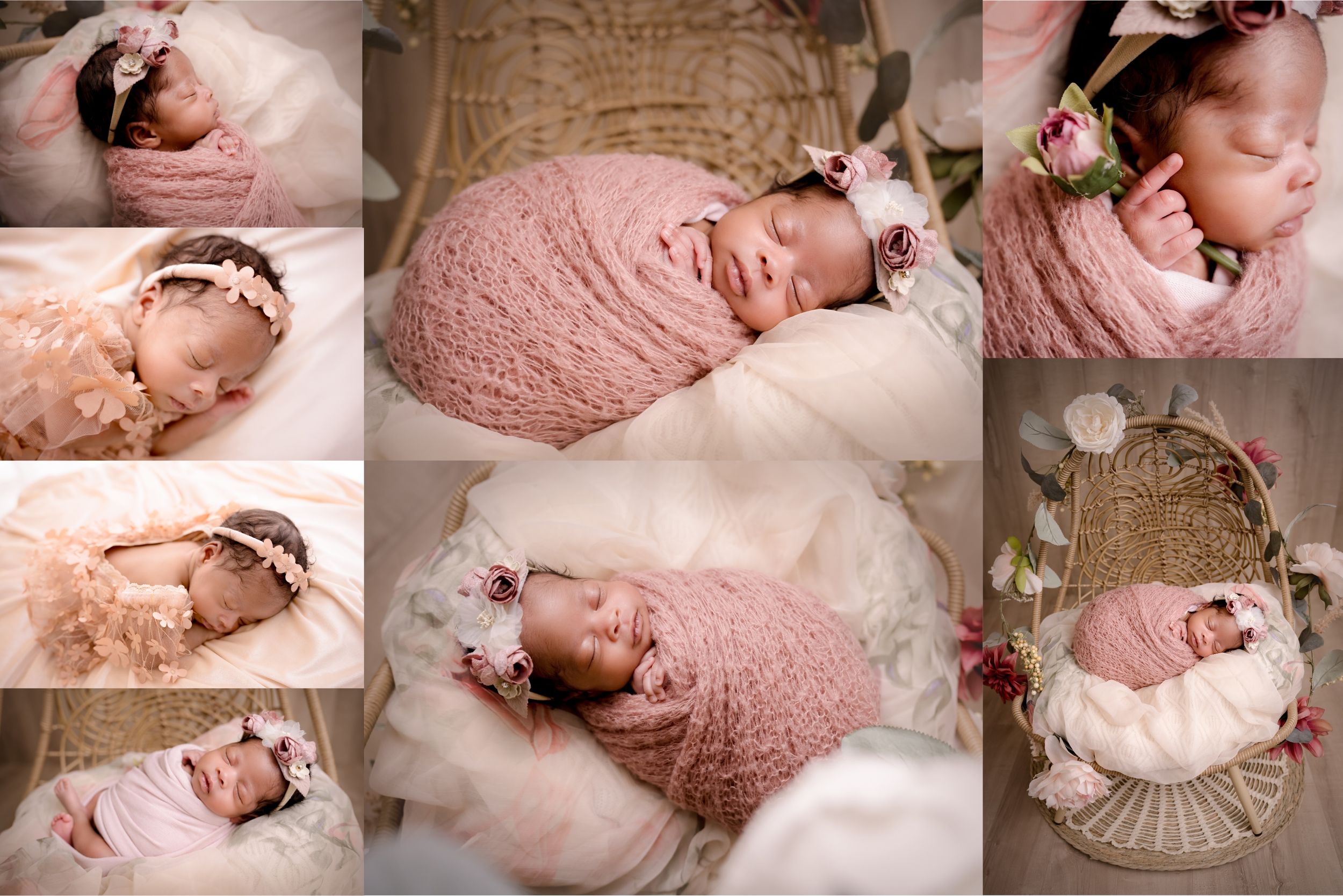 Newborn photoshoot Saskatoon and Warman, baby girl in dusty pink and floral props with gold posing flowers prop wrapped