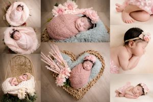 Newborn photoshoot Saskatoon and Warman, baby girl in pink and floral props with sibling sister