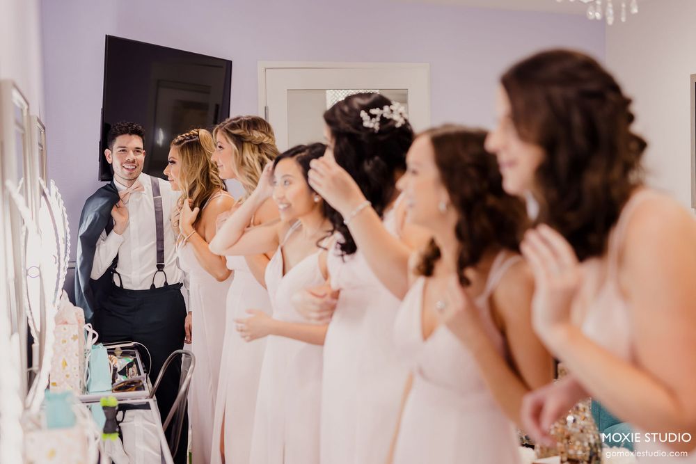 A sequence of wedding party preparation moments showing bridesmaids getting ready in elegant dresses and robes.