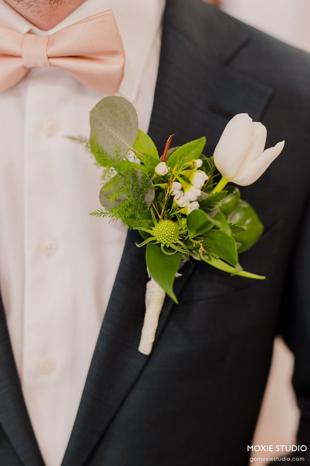 Groomsmen in black tuxedos with pink bow ties and white floral boutonnieres stand in a formal lineup.