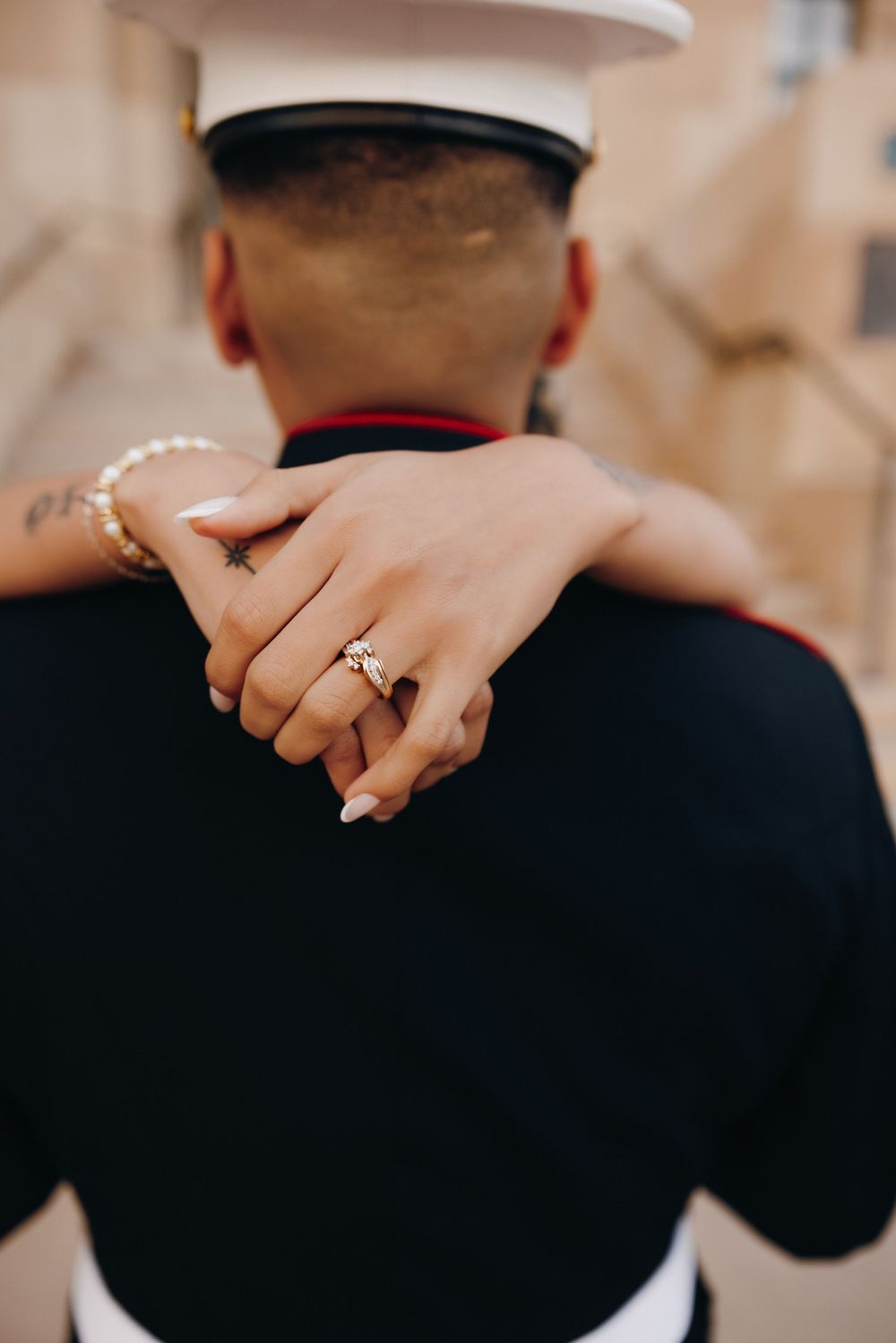 details of her wedding ring.