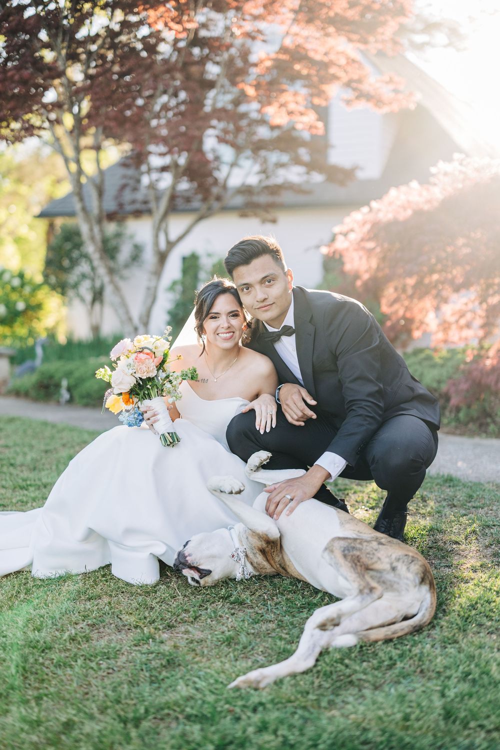 Bride and groom pose with their dog on a lawn, bride holding a colorful bouquet in a white gown, groom in a dark suit.