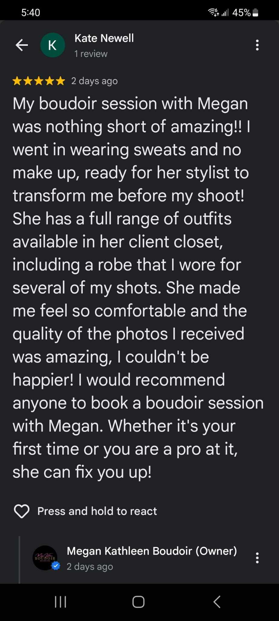 Positive five-star review for a boudoir photography service describing outfit options and overall experience.