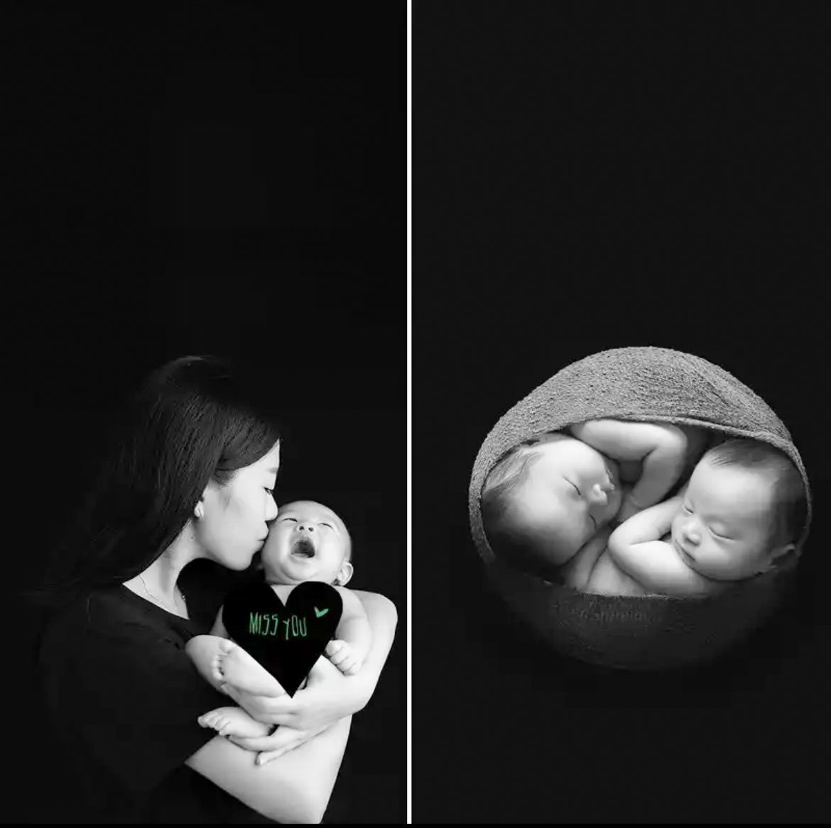 Series of artistic black and white newborn photography poses in dramatic lighting.