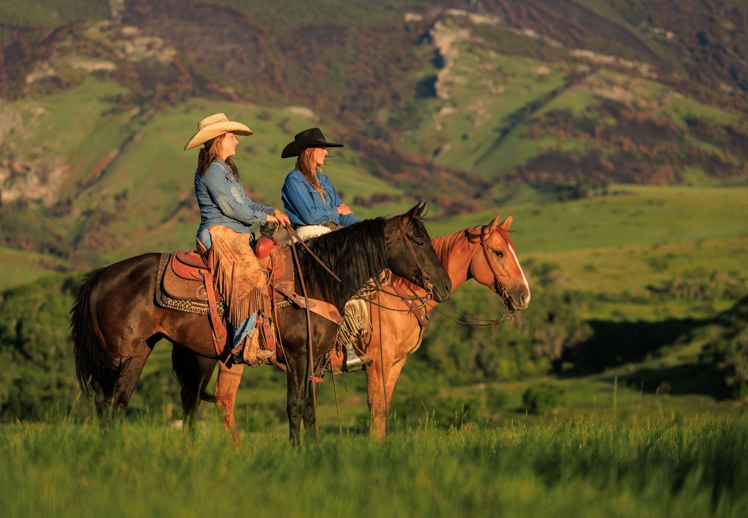 Horseback riders traverse scenic mountain landscape during golden hour.