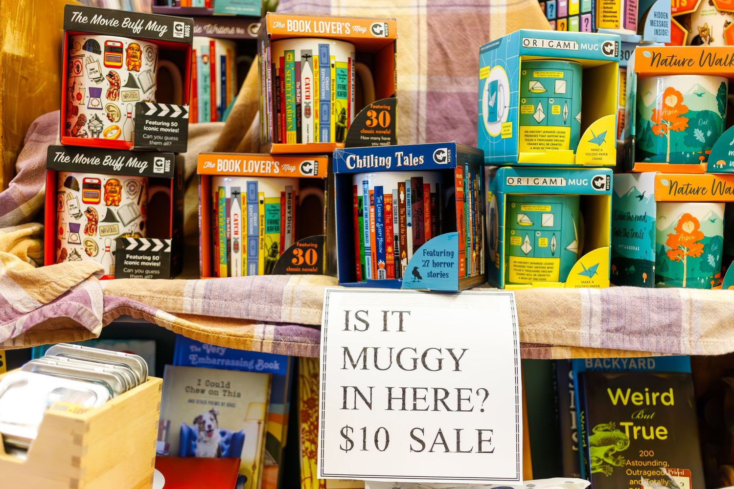 Bookstore shelves with a sign reading 'Is It Muggy In Here? $10 Sale' among stacked books.