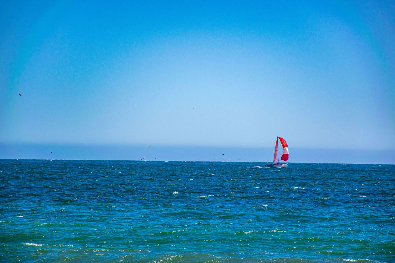 Red sailboat on bright blue ocean waters under clear sky.