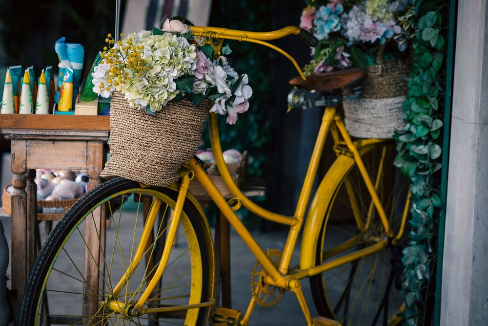 Vintage yellow bicycle with basket of hydrangeas leaning against rustic wall with climbing vines.
