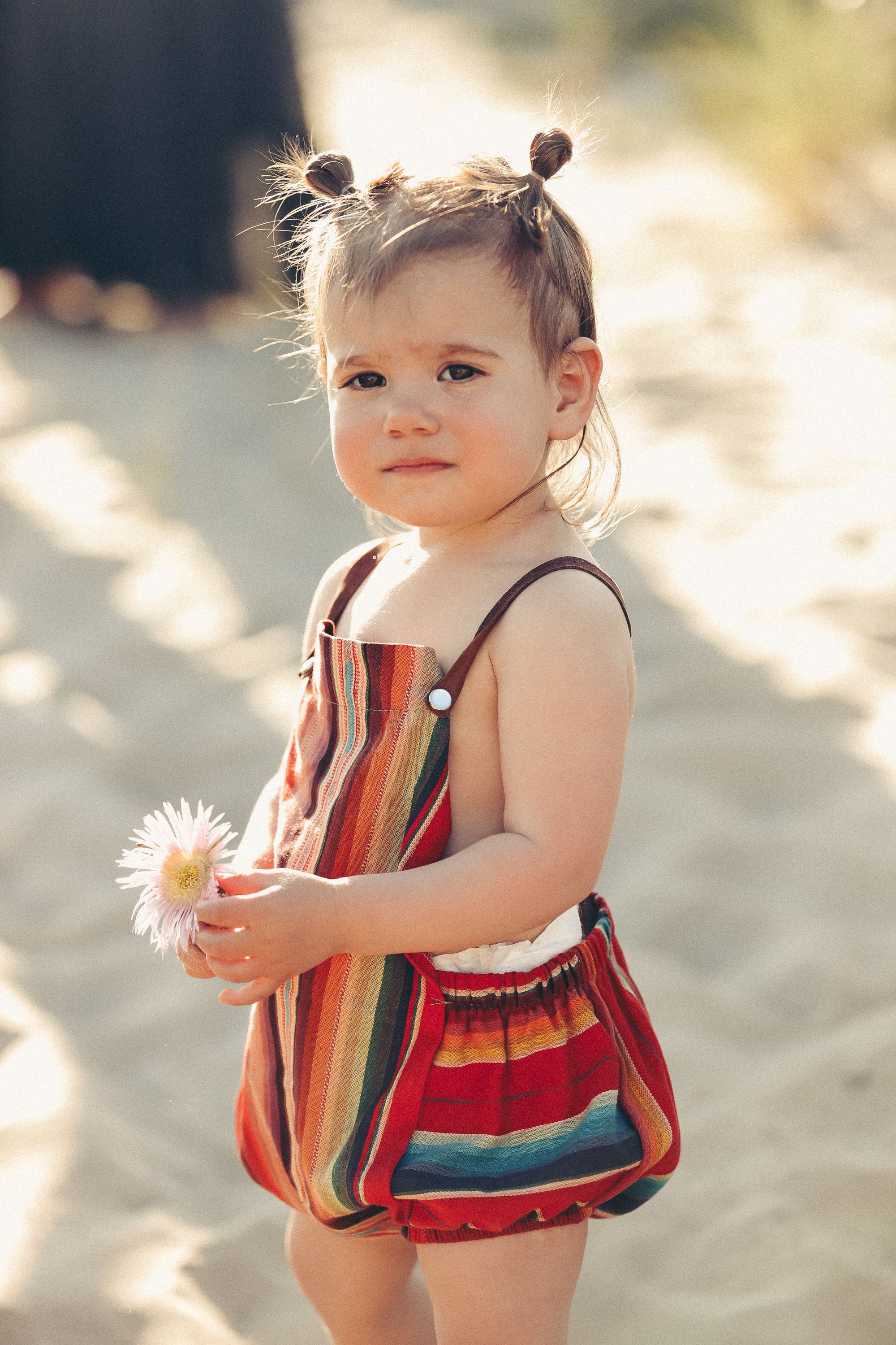 Toddler in colorful striped romper holding daisy flower in sunlit setting.