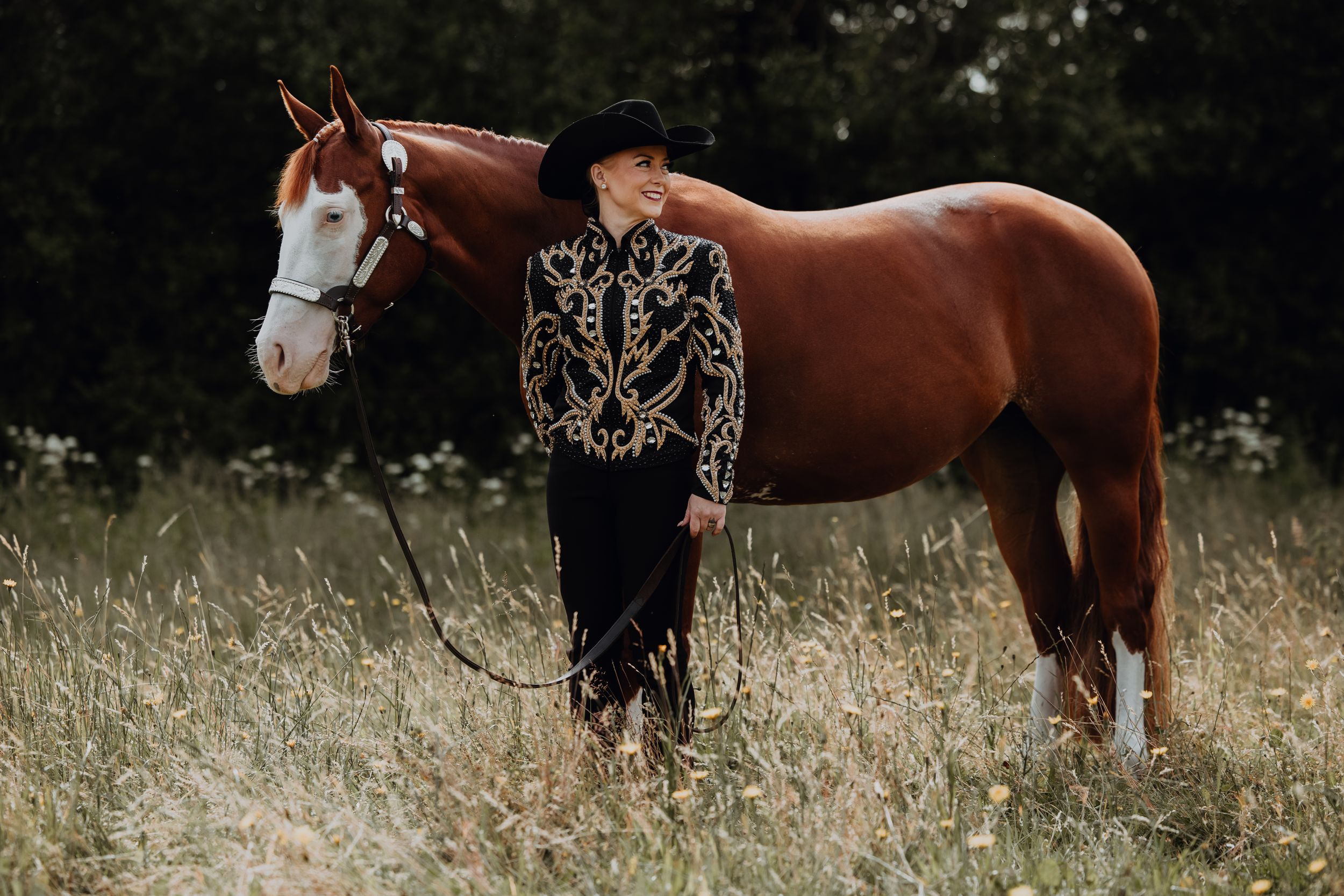 Beautiful chestnut horse with white blaze standing in tall grass wearing show equipment.