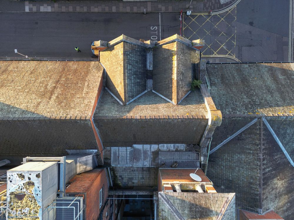 Aerial view of traditional rooftops with dormer windows and chimneys in an urban residential neighborhood.