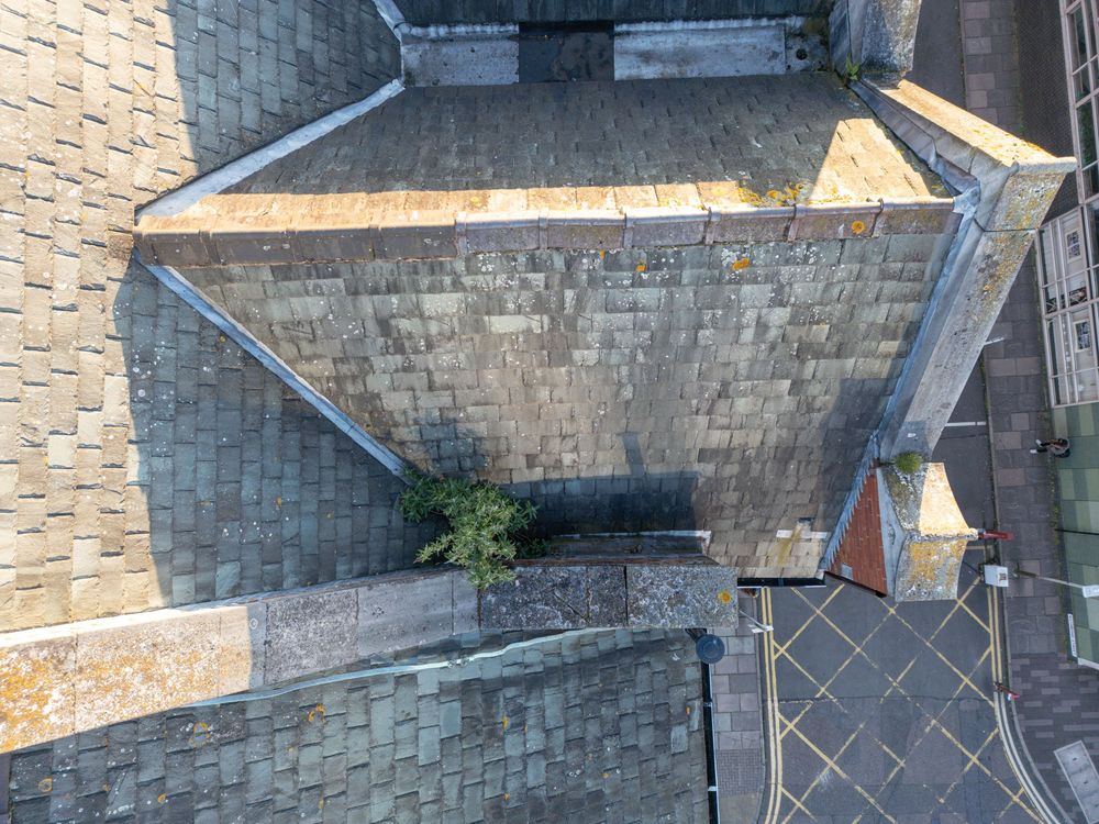 Aerial view of a brick paved courtyard with geometric patterns and a small plant growing between pavers.