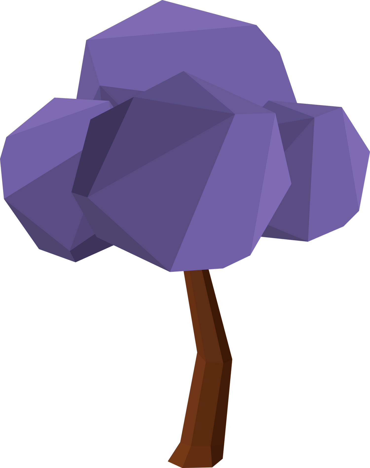 Low poly purple tree with geometric faceted foliage and brown trunk on white background.