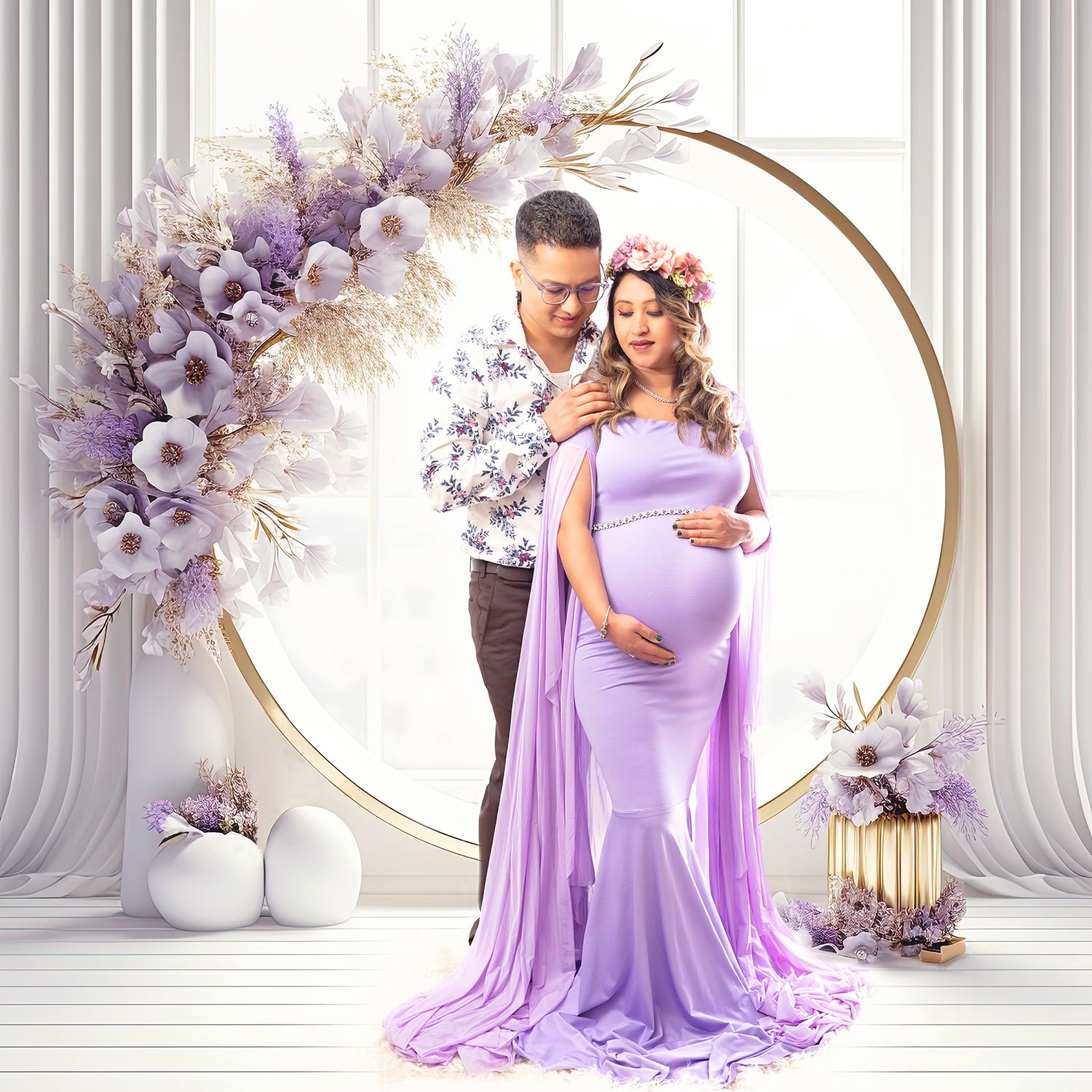 Couple poses for maternity portrait in lavender outfits before elegant floral arch with gold ring.