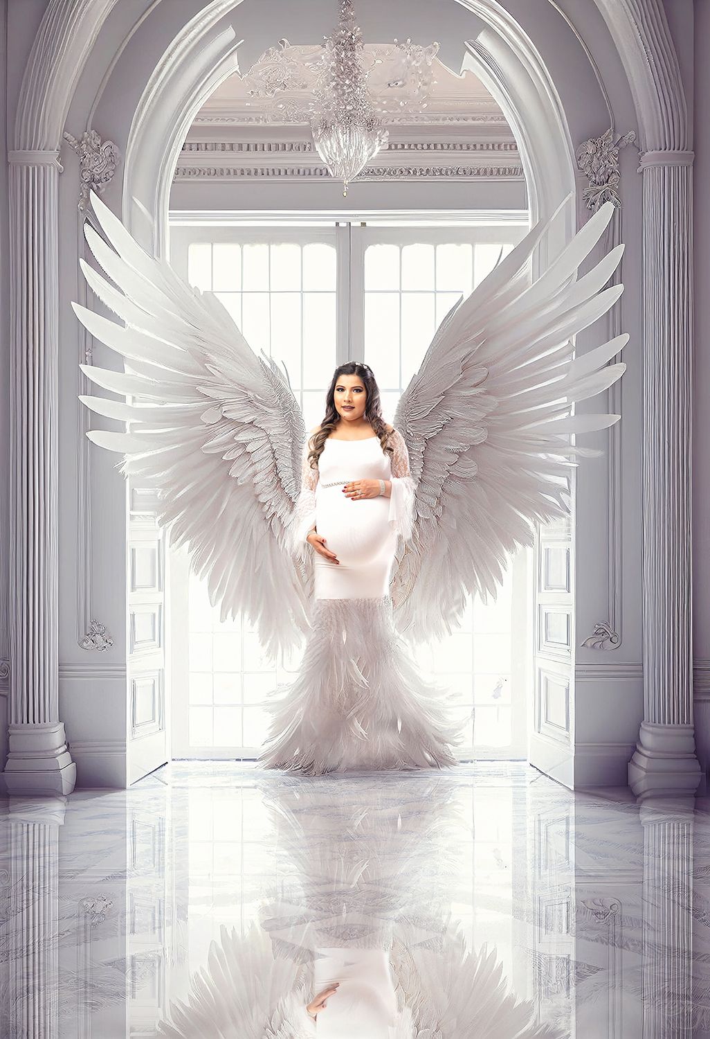 Pregnant woman in white gown with large angel wings poses in elegant white marble room for maternity photo.