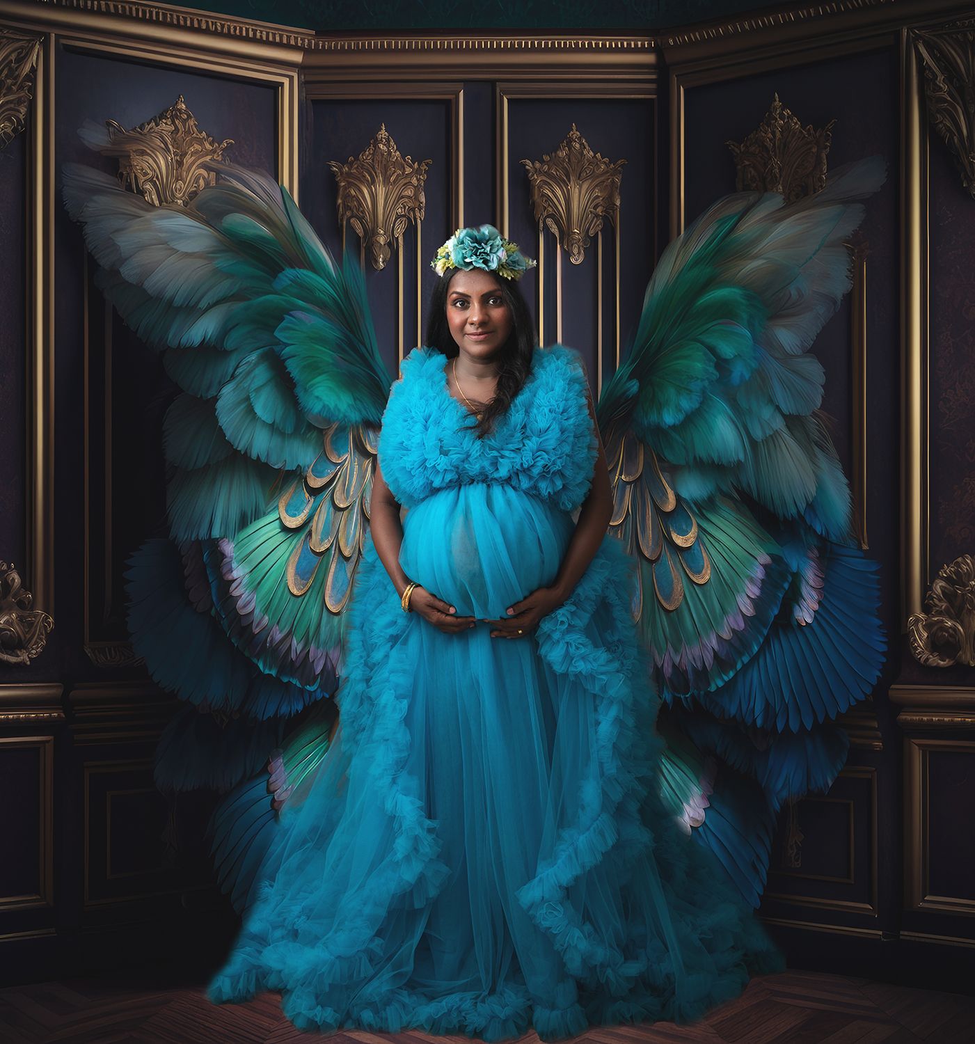 Pregnant woman in teal ruffled gown with colorful butterfly wings in ornate dark studio.