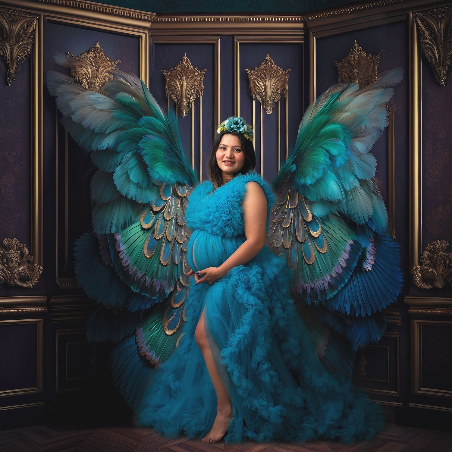 Pregnant woman in teal dress poses with large decorative peacock wings in ornate room.