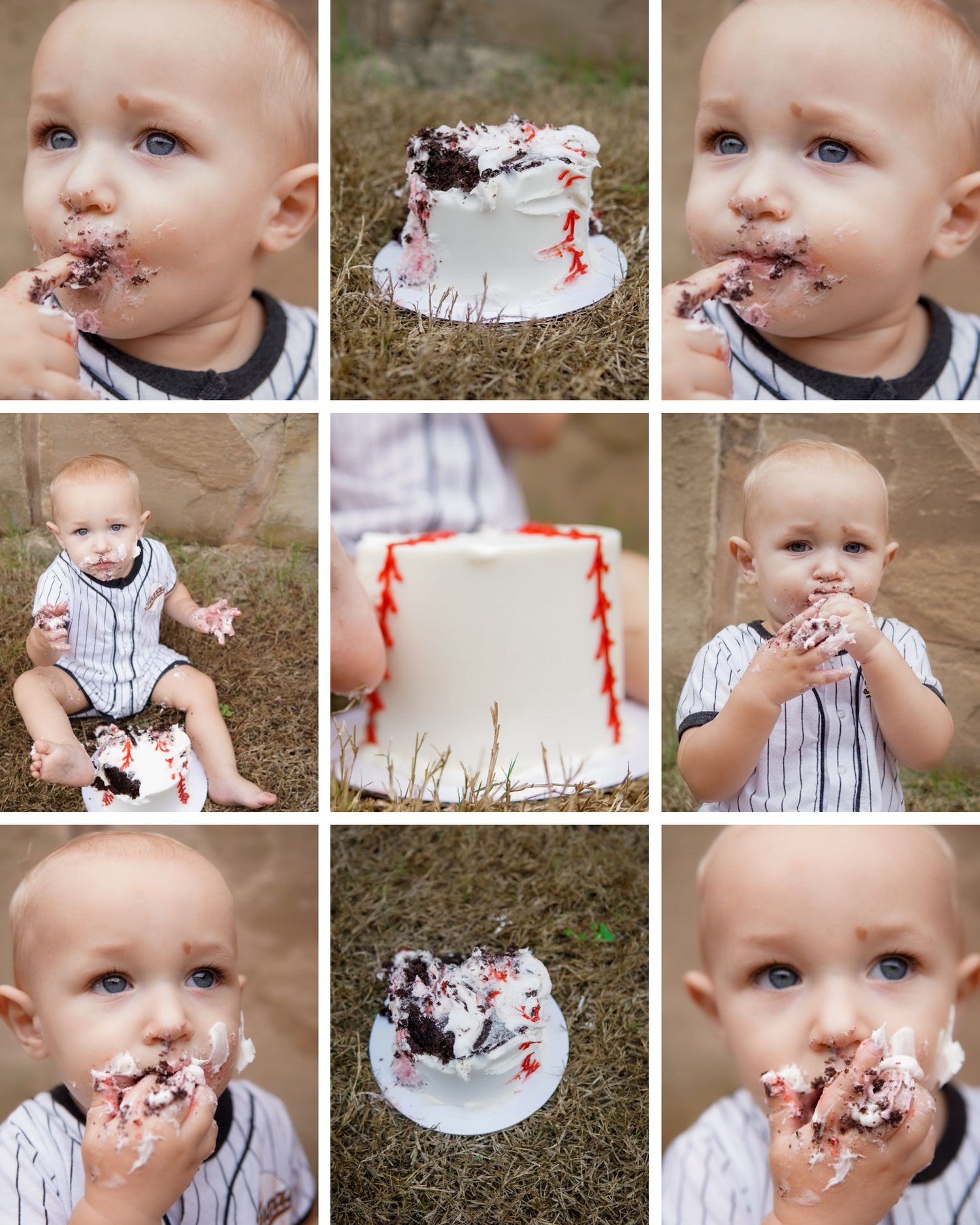 Milestone photo series,  baby laughing and eating cake decorated like baseball.