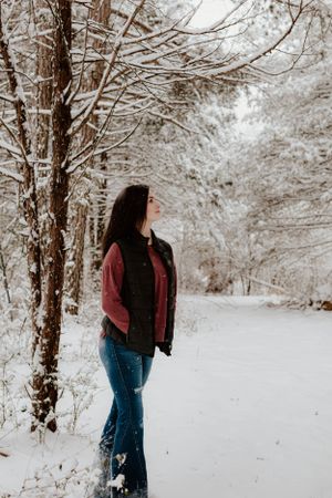 Figure in red sweater looking up at snow-covered tree branches in winter forest.