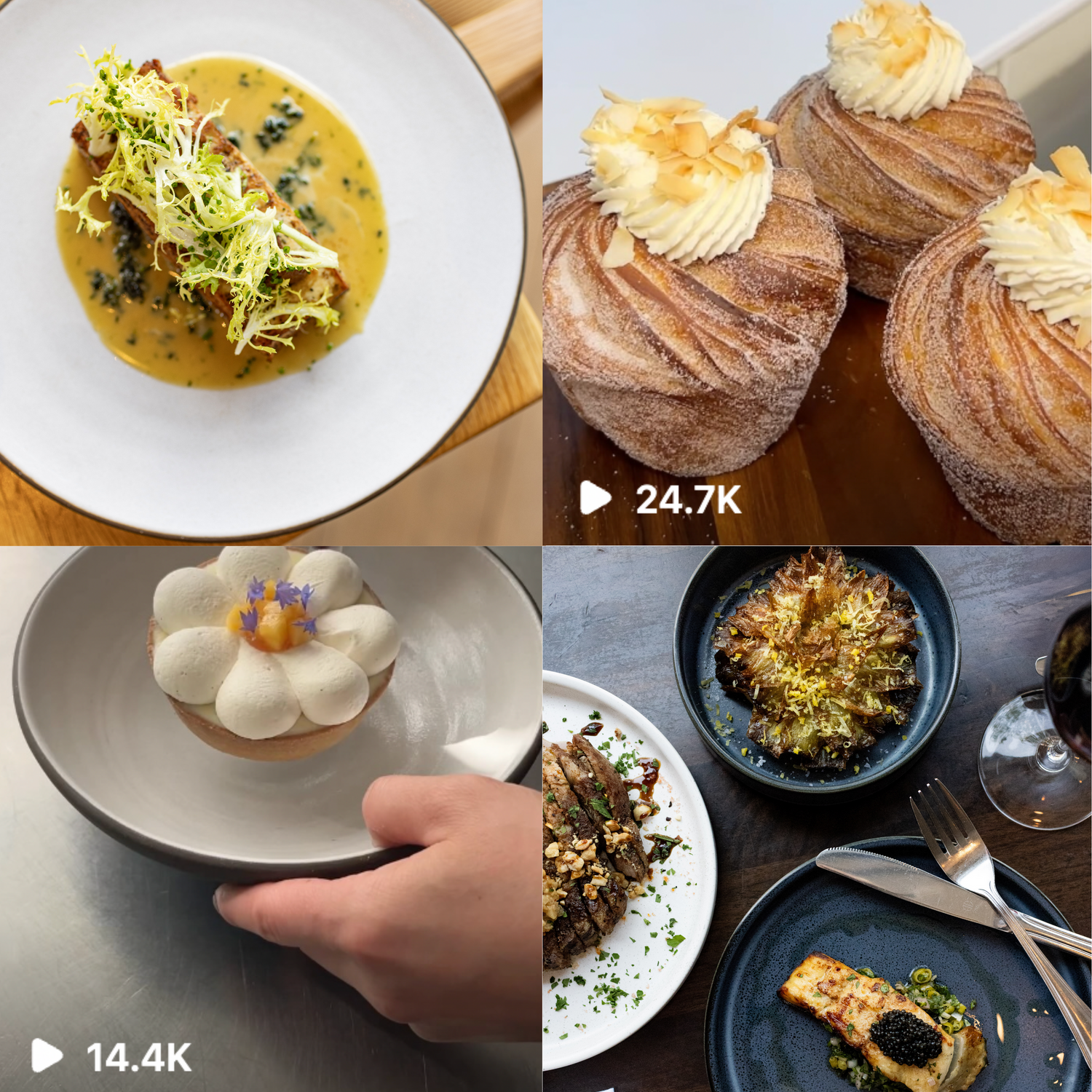 Collection of plated dishes showcasing elegant restaurant food presentations.