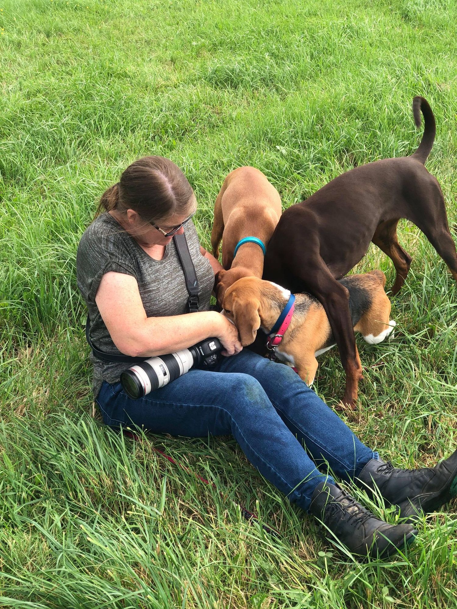 Not much stresses out this photographer, even being surrounded by big dogs looking for a treat!