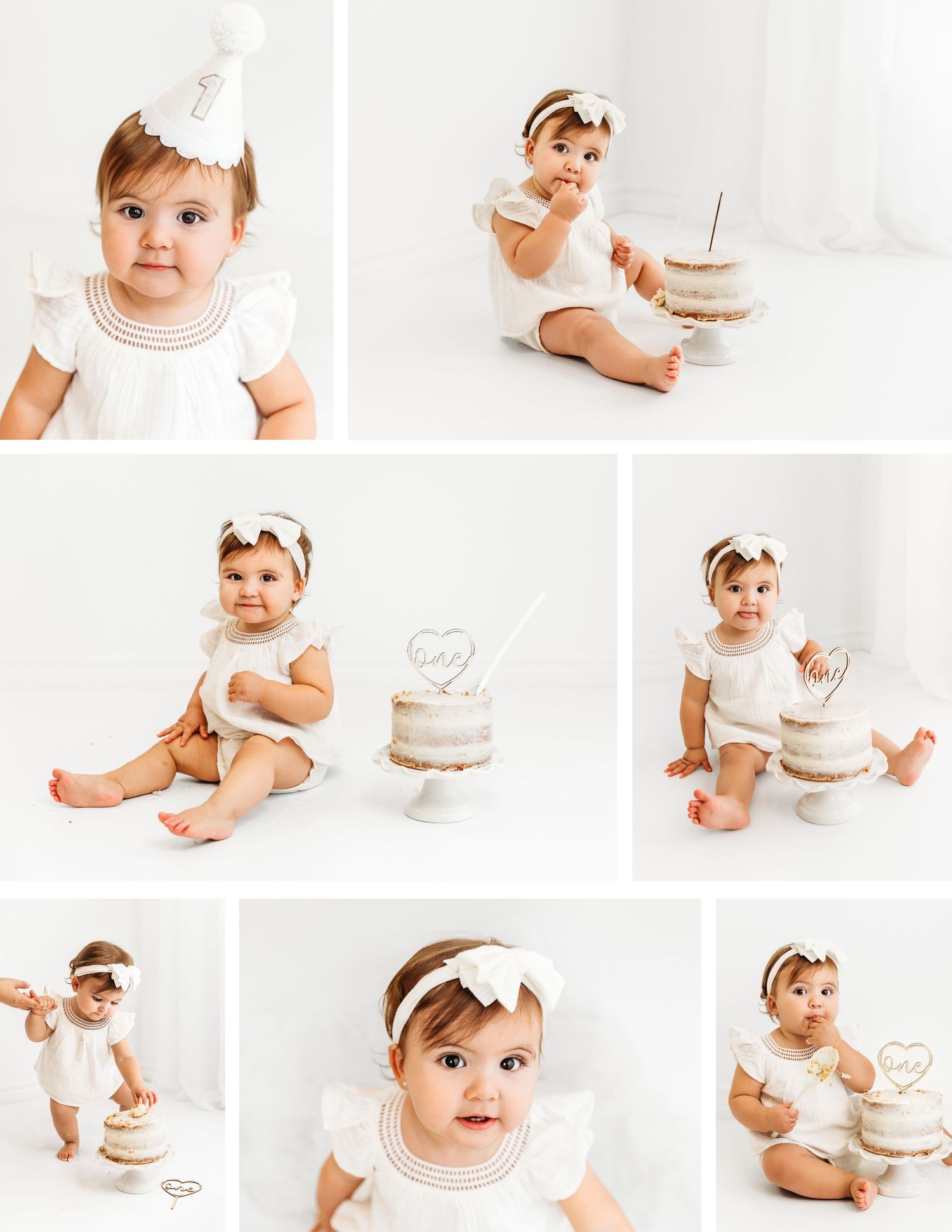 Baby Girl Minimalist Bright White First Birthday Cake Smash Photoshoot