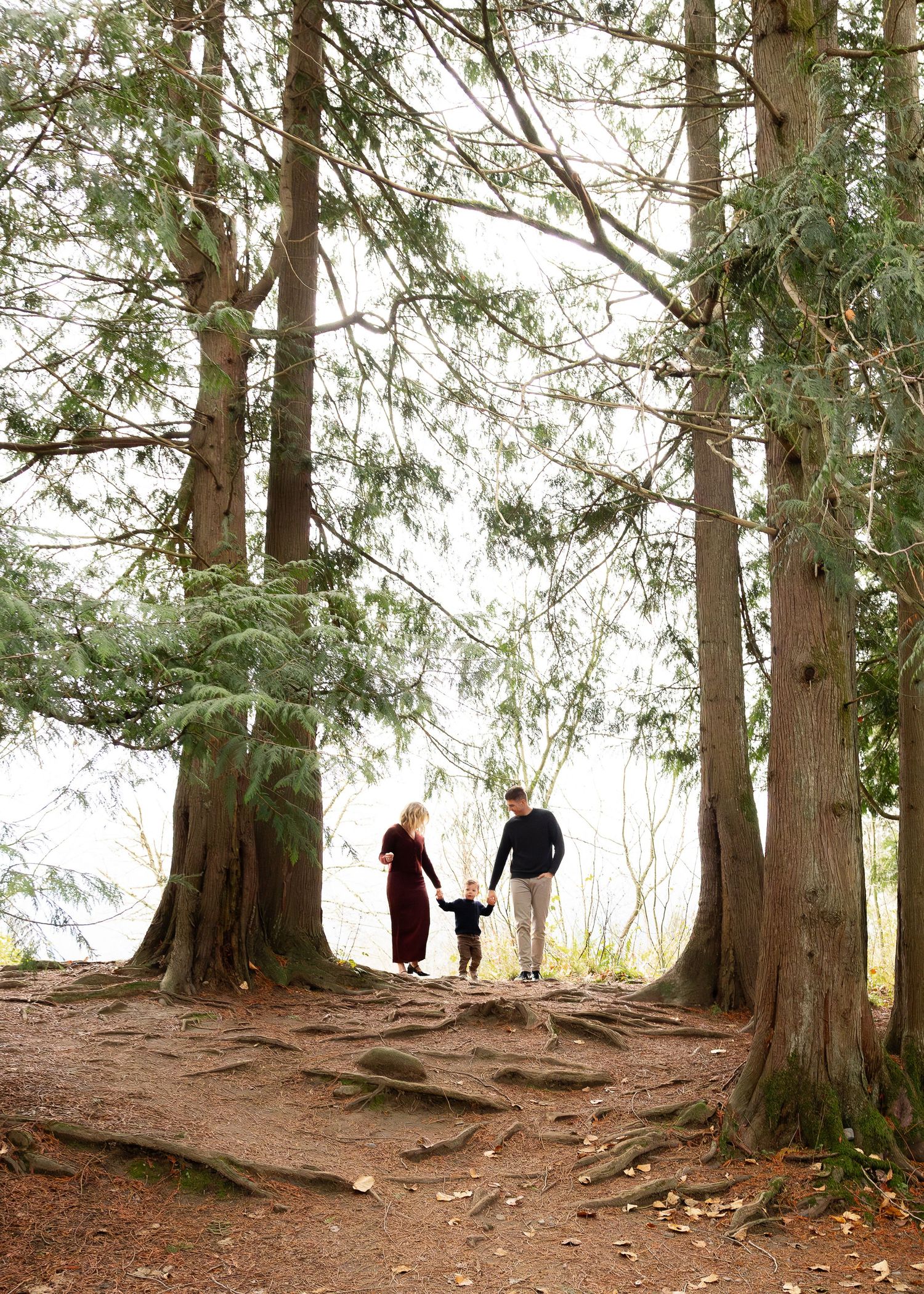 Family in PNW wooded area enjoying a evening together