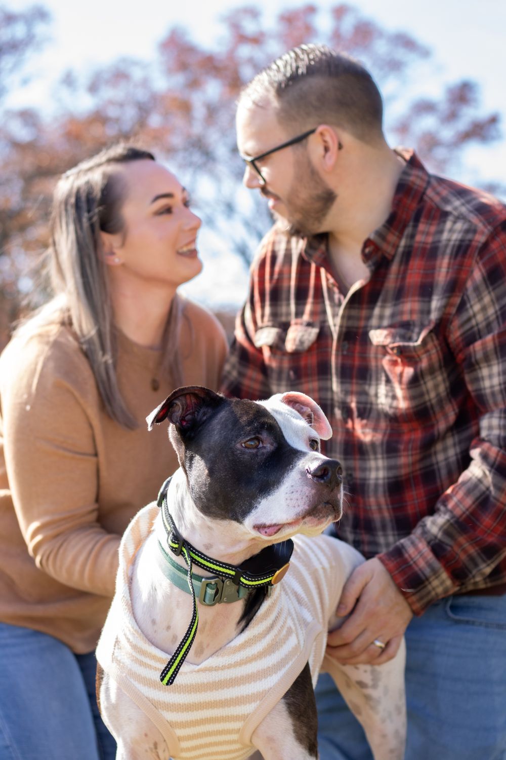 Wife looking at husband with dog looking to the side.
