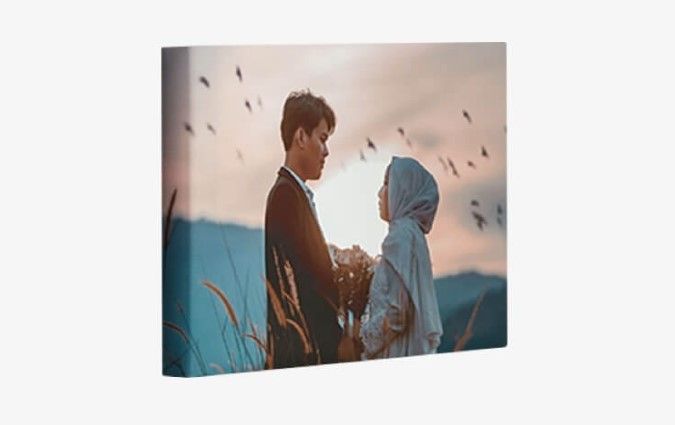 Artistic canvas print with a vibrant landscape, wrapped around a sturdy wooden frame