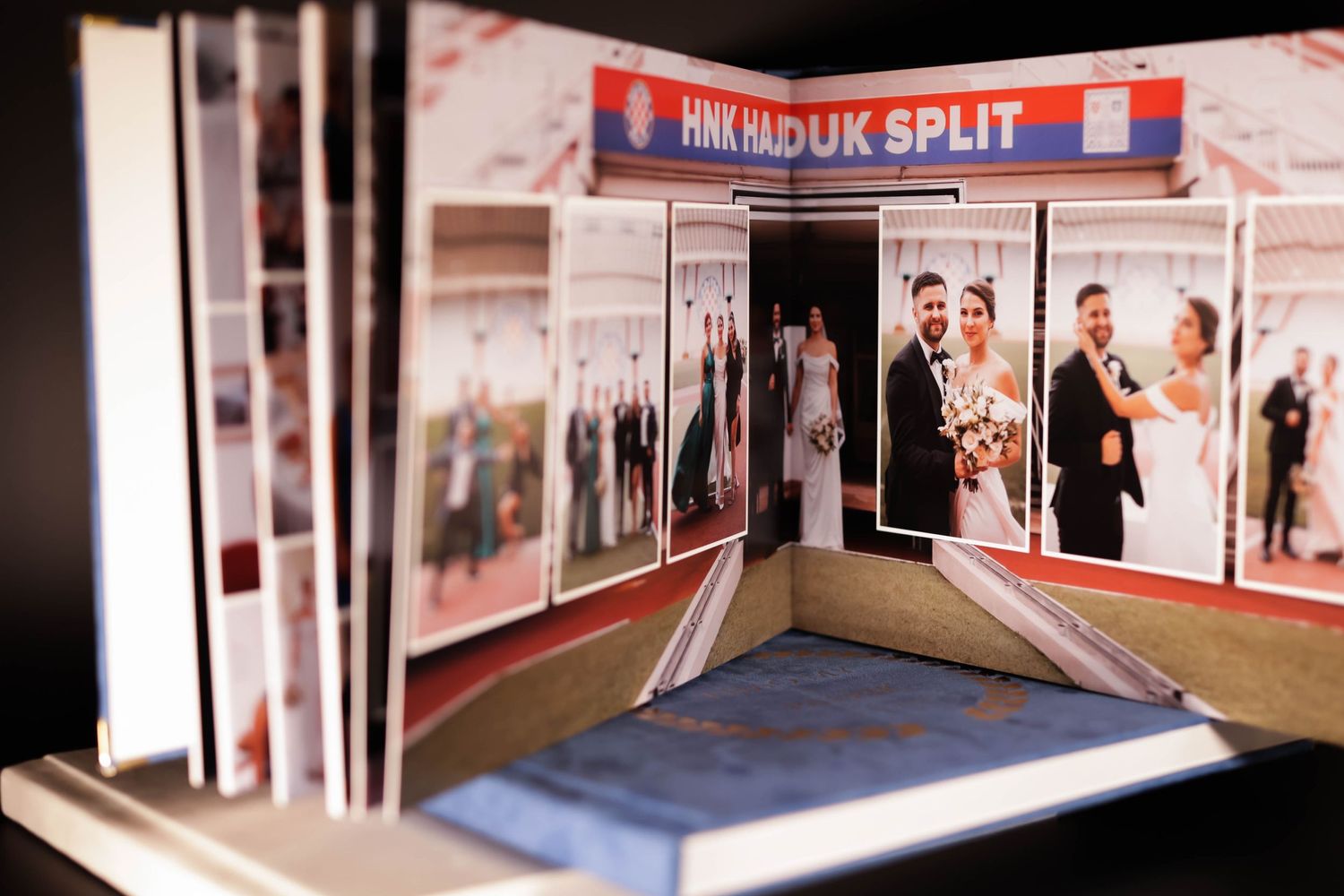 Wedding album spread showing photographs taken at HNK Hajduk Split venue.