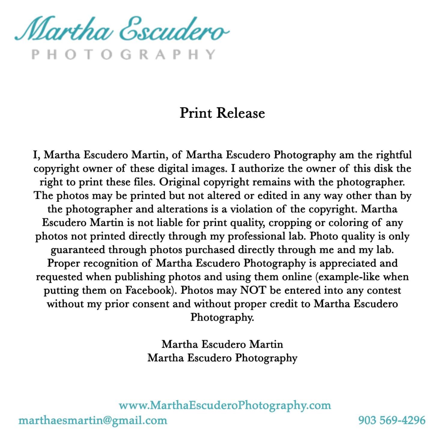 Photography print release form with Martha Escudero branding and copyright information.