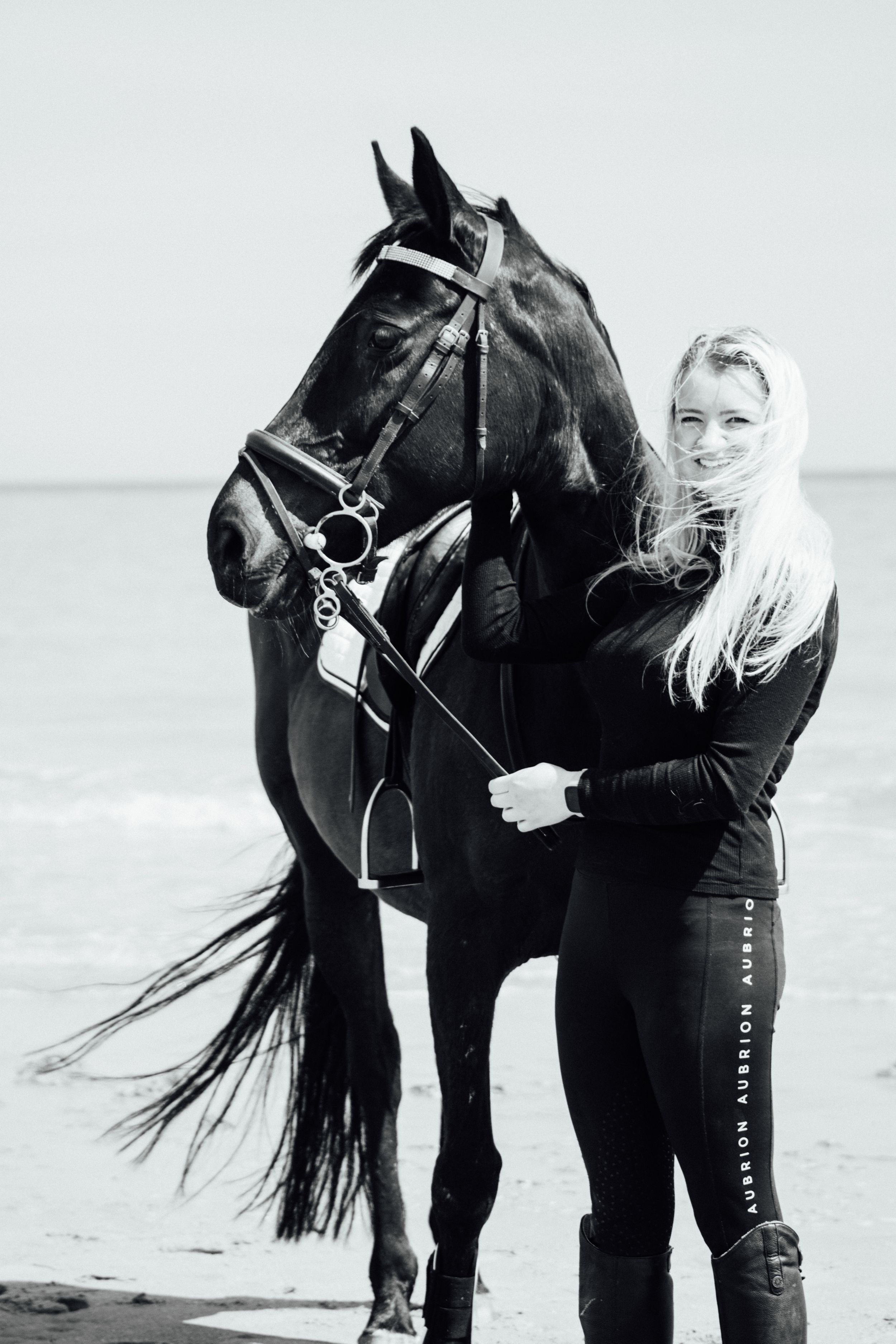 A striking black horse with full tack stands against an overcast beach backdrop.